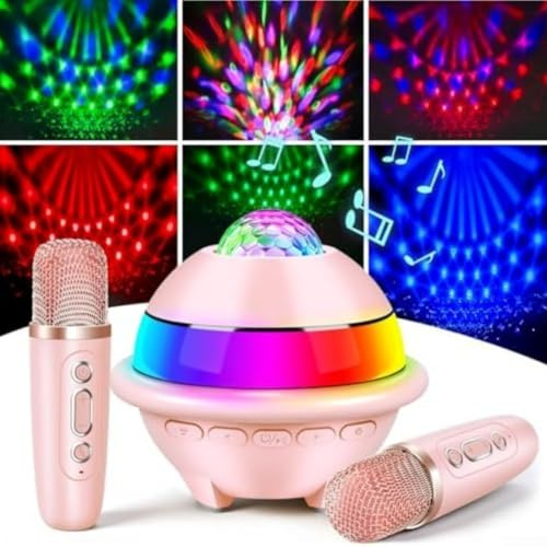 Sistema de karaoke portátil con efectos de discoteca LED y 2 micrófonos inalámbricos, batería recargable para fiestas en interiores y exteriores (rosa)