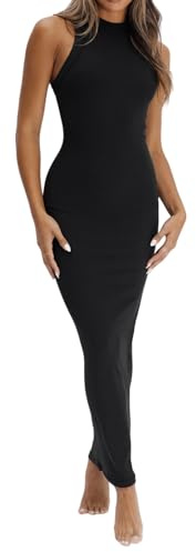 LEEDYA Women's Summer Bodycon Tank Sleeveless Round Neck Casual Knit Pencil Midi Dresses Black M