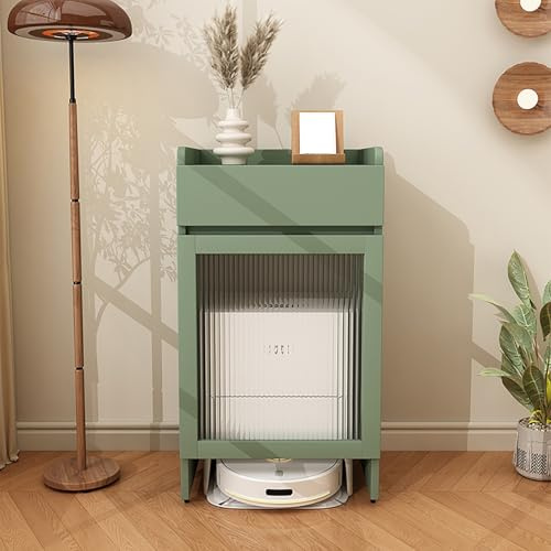 Storage Cabinet for Robot Vacuum Cleaner, Tempered Glass Doors, Solid Wood Construction, Portable Night Stand with Wheels and Light, Organized Storage Solution