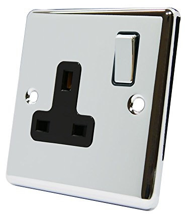 AET CPC1GSOCBC Polished Chrome Classical 1 Gang Black Insert Metal Rocker Switch-13 Amp Single Plug Socket