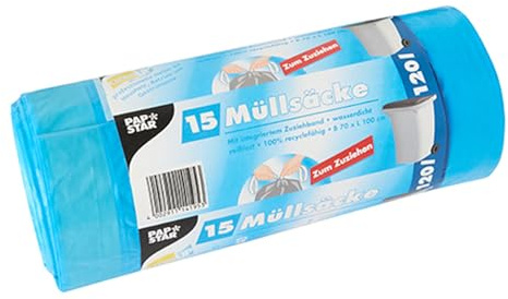 PAPSTAR 1 Karton = 9x15 Müllsäcke zum Zuziehen, LDPE 120 l 100 cm x 70 cm blau 14195