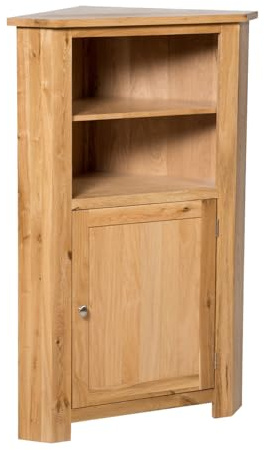 Hallowood Furniture Waverly Oak Corner Shelf Unit with 2 Shelves & Cupboard | Wooden Solid Oak Display Cabinet with Shelves & Cupboard, Medium Corner Cabinets for Living Room, Hallway, Kitchen or Bedroom