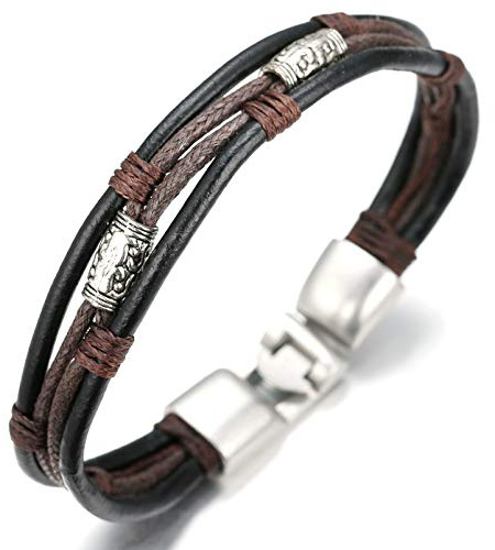 Halukakah ● Retro ● Herren-Armband Handgefertigt | Echtleder in Schwarz | Handschlag Verschluss in Silber | KOSTENLOS Geschenkbox | Tolle Geschenkidee | 22cm