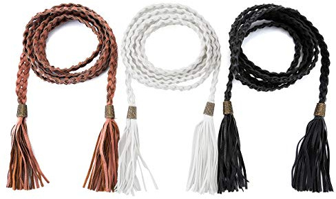 CHIC DIARY Damen Vintage Schmaler Gürtel schnalle Flechtgürtel Geflochten Taillengürtel Hüftgürtel Kleidgürtel waist Belt Multifarbe, Quaste-Schwarz+Weiß+Braun, Einheitsgröße