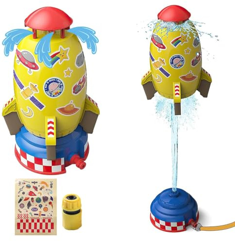 koolbitz Water Rocket Sprinkler Toy for Kids - Outdoor Garden Water Jet Rocket Launcher with Hose Connector and Stickers - Backyard Fun Summer Splash Toy for Boys and Girls Ages 3+ Years