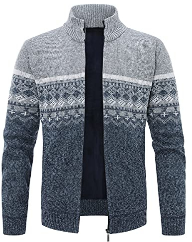 YOUTHUP Mens Knitted Cardigan Fleece Lining Sweater Pattern Knitwear Jumper Thick Winter Coat, Light Grey, L