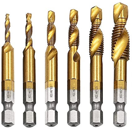 Bestgle 6pcs Tap Drill Bits Set, Titanium Coated HSS Metric Threading Bits with 1/4” Hex Shank, Spiral Flute Combination Tapping Tools for Hand & Machine Use M3 M4 M5 M6 M8 M10
