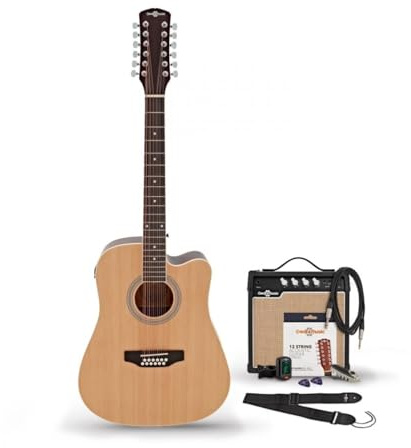 12-saitige Elektroakustik-Gitarre von Gear4music mit Gigbag-Stimmgerät