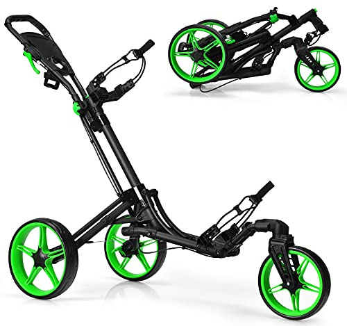 GYMAX Folding Golf Push Cart with Swivel Front Wheel, 3 Wheel Adjustable Golf Pull Cart, Easy Folding Compact Golf Trolley for Clubs (Green)
