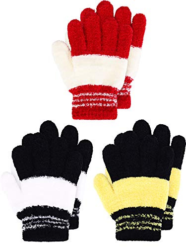 Geyoga 3 Paires Gants en Tricot d'Hiver Extensibles pour Enfant(Couleur Sombre,4-7 Jahre,Style mixte)