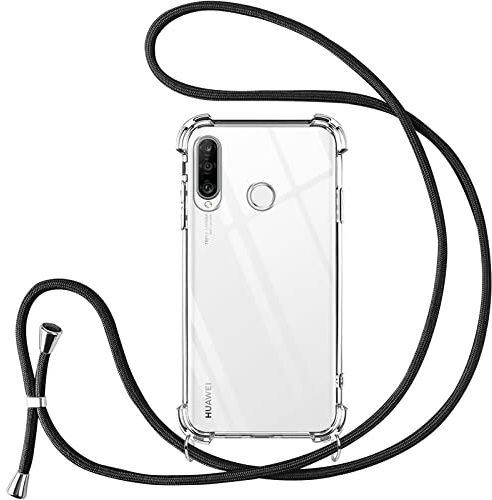 Vauki Handyband für Huawei P30 Lite Hülle mit Band, Handyhülle Silikon Transparent zum Umhängen Stoßfest mit Kordel Necklace Schnur TPU Bumper Case für Huawei P30 Lite, Schwarz