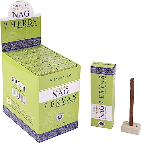 Aromasenses | Incienso Masala Dhoops Sticks Golden Nag 7 Erbe Vijayshree | 12 Scatoline da 10 Dhoops ciascuna | Include Supporto per Bruciatore | Yoga | Meditazione | Rilassamento