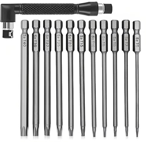 ToKinCen 11 PCS 100mm Torx Screwdriver Bits, T6-T40 S2 Steel 1/4 Inch Long Magnetic Torx Security Star Hex Screwdriver Bits Set for Electric Manual Screwdrivers + Angle Screwdriver Bit Holder