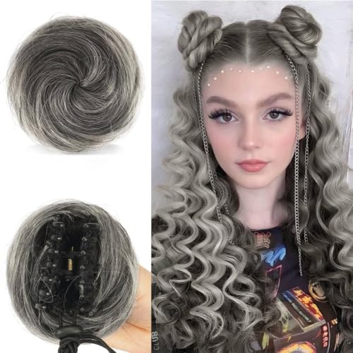 Sofeiyan Dutt Haarteil,Space Buns Haarteil,2PCS Haarteil mit Klammer | Clip in Haar Bun Mini Messy Bun Haarteile Dutt Synthetik Haar Donut Chignon für Damen,Graue Und Weiße Tipps