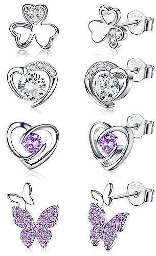 JeweBella 4Paires Boucles d'Oreilles Argent pour Femmes Enfant Fille Hypoallergéniques Argent Sterling 925 Poteau Clous d'Oreilles Coeur Papillon Violet/Rose Ensemble Clous d'Oreilles Cartilage