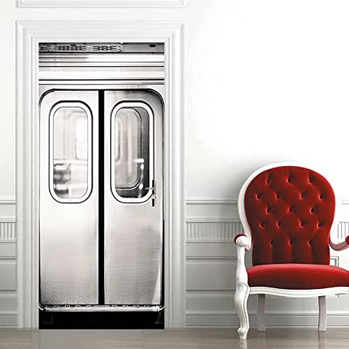 3D Puerta De Tren Subterráneo De Metal Gris 90 X 200 Cm Decoración Hogareña Vinilo Puerta Calcomanías Papel Tapiz Murales De Pared Papel Pintado Pegatinas Posters Autoadhesivo