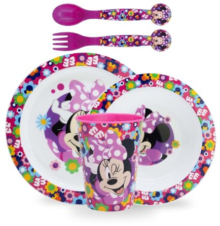 Sorrisini Kindergeschirr set, Wiederverwendbares geschirr Set, Kinder Essgeschirr, Microwaveable Kinder Geschirr Teller, Müslischale, Frühstücksset, Trinkbecher 260ml, kinderbesteck, Minnie