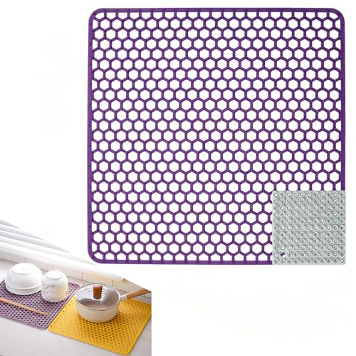 Wkmamo Spülbeckenmatte 34,5x34,5cm Silikon, faltbar rutschfest mit Bürste | Spülbeckeneinlage, Abtropfmatte, hitzebeständig 260°C, Wabendesign, Küchenspüle, Violett, spülmaschinenfest