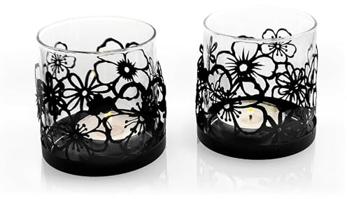 Lily’s Home Cutout Shadow Box Votive Tea Light Hurricane Glass Candle Holders, Centerpiece Lighting for Weddings, Entertaining and Home Decor, Flowers Garden Design, Black, Set of Two