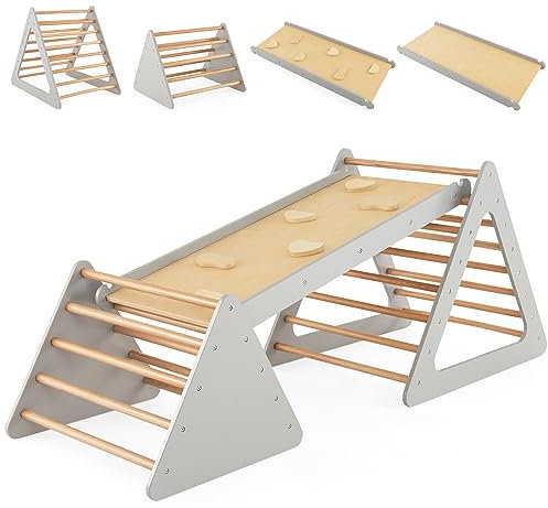 COSTWAY 3 in 1 Wooden Climbing Frame, Kids Indoor Jungle Gym Activity Center with Ramp for Climbing & Sliding, Promote Motor Skills, Montessori Toys for Kindergarten Home Use (Grey)