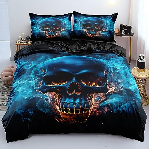 DXHOME Kuschelbettwäsche 135x200cm Totenkopf Schwarz Blaue Flamme Druck Bettwäsche Gothic Weiche Mikrofaser Wendebettwäsche Jugendliche Bettbezug mit Reißverschluss + 1 Kissenbezug 80x80 cm