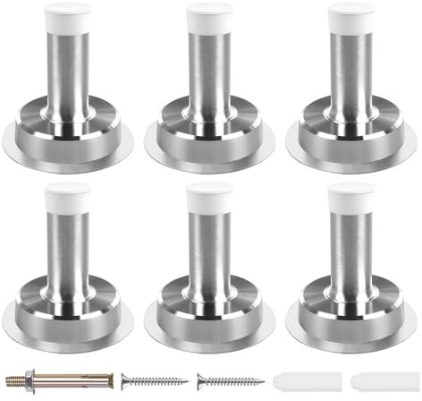 5CM Chrome Door Stoppers for Skirtings Self Adhesive Door Stops Indoors Stainless Steel Heavy Duty Doorstop with white Rubber Sound Dampening Door Bumper, 6 Pack