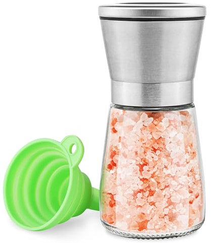 Molinillo manual de sal o pimienta para chef profesional, el mejor molinillo de especias con tapa de acero inoxidable, cuchillas de cerámica y grosor ajustable, cuerpo de vidrio recargable con