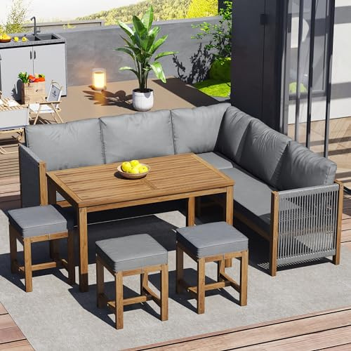 KUAKE Gartenmöbel Set, Garten Essgruppe mit Esstisch, Hocker und Bequemen Kissen, Gartenlounge wetterfest bis 8 Personen, Outdoor Loungemöbel Sitzgruppe Essgruppe Terrassenmöbel Balkonmöbel, Grau