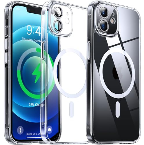 Flyzoo Magnetisch Hybrid Clear Hülle für iPhone 12 - [Kompatibel mit MagSafe] [Eingebaute Kameraschutz Folie] Hart Durchsichtig Handyhülle Stoßfeste Transparente mit Silikon Schutzhülle, 6,1, Clear