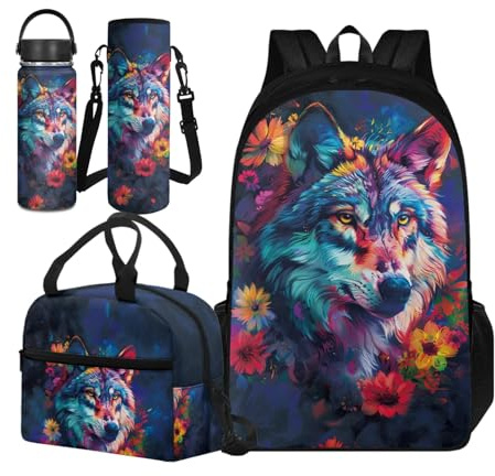 TOADDMOS Ensemble cartable 4 pièces pour enfants avec sac à déjeuner isotherme, manchon pour bouteille d'eau et bouteille d'eau isotherme, Fleur de loup, Small Water Bottle, Ensemble cartable