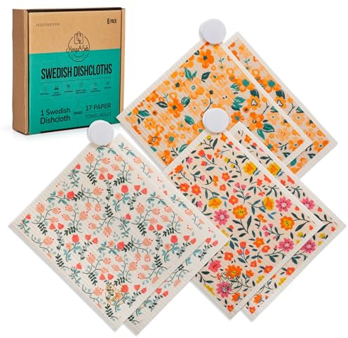 Harps&Seb Swedish Dishcloths - 6 Pack, Reusable Paper Towels with Clips, Super Absorbent Washable Non-Scratch Swedish Dish Towels, No Odor, Biodegradable