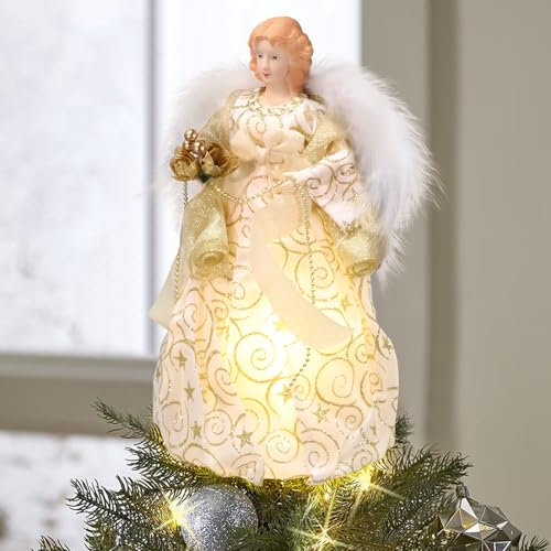 Longzhuo Angel Christmas Tree Topper - Fibre Optic Angel Decoration with Feather Wings, Light Up Xmas Topper, 30cm/11.8in (Gold-Warm Light)