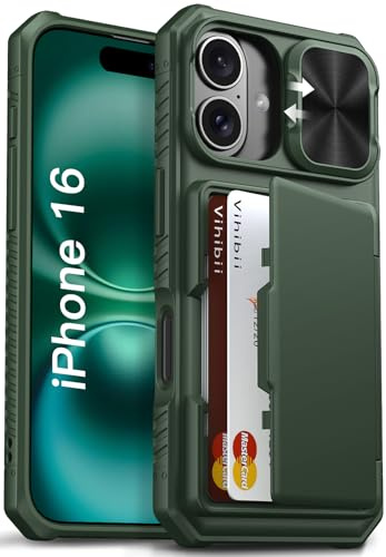 Vihibii for iPhone 16 Case with Card Holder (4 Cards), RFID Blocking, Green | Slide Camera Cover, Military Grade Drop Protection, Rugged Hard Back & Silicone Edge, Wallet Phone Case, 6.1 2024