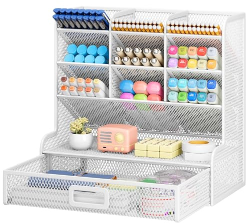 VITVITI Schreibtisch Organizer, 9 Fächer Stiftehalter mit Schublade, Netz Stifte Regal aus Metall, Stiftehalter Schreibtisch für Schule Heim Büro (Weiß)