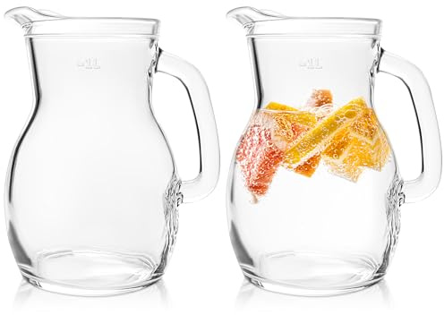 KONZEPT Hochwertiger Wasserkrug Glas 2 Stk Set 1 Liter Glaskrug Perfekt für Wasser, Milch, Säfte Wasserkanne mit ergonomischem Griff – In verschiedenen Größen erhältlich