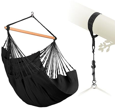 LA SIESTA® Habana Baumwoll Hängesessel & Baum- & Pfosten-Befestigung - Hängesessel für Indoor Outdoor Schlafzimmer, Sitz Hängeschaukel für Garten, Groß Hängesessel - 2 Personen Comfort Size, Onyx