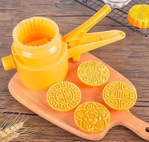 Hand Pressure Moon Cake Mould, with 4 Mooncake Flower Round Bakeware,Cookie Press DIY Decoration Hand Press Cutter Cake Mold for Baking(100g 4Pcs)