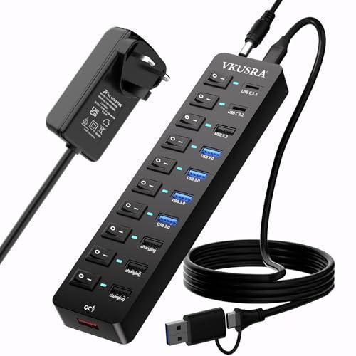 Powered USB Hub, VKUSRA 11-Port USB 3.2/USB C Hub with 10Gbps USB-A and 2 USB C 3.2 Data Ports + 4 USB 3.0 Ports + 4 Charging Ports, All in One USB Splitter with 3.9ft USB Cable and 12V Power Supply