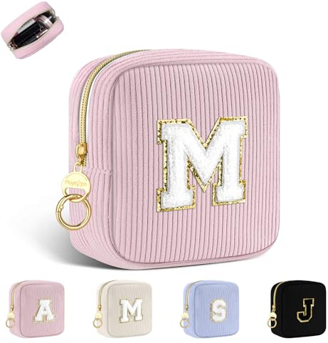 Personalisierte Kosmetiktasche Kleine Make up Tasche Cord Schminktasche Damen Tragbare Reise-Kulturbeutel für Toilettenartikel Organizer Personalisierte Initialen Geburtstag für Mädchen Rosa M