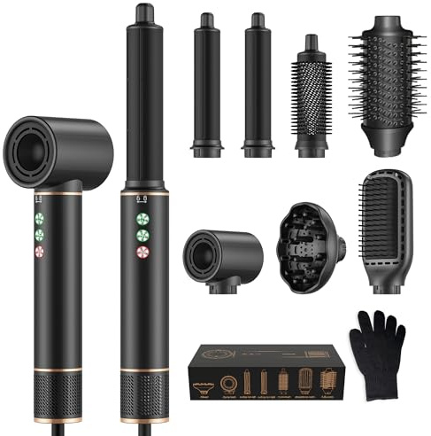 Hair Styler set 7 in 1 Air Styler mit 1300W Haartrockner 110,000 Rpm High Speed Föhn Mit Diffusor, Luftstrom Rundbürsten Föhnbürste, Auto Lockenstab, Glättbürste, ohne thermische Schäden