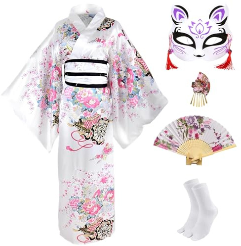 CRFASIBE 5 Pezzi Kimono Giapponese Donna, Tradizionale Giapponese Yukata Geisha Vestaglia, Abito da Stampato Floreale, Cosplay Carnevale Costume Set(Bianco)