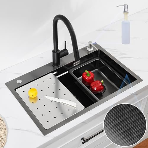 CECIPA Evier Cuisine Noir(Anthracite) 70x45 CM, Evier Inox 1 Bac avec Egouttoir et évier mobile et planche à découper,lavabo cuisine avec Distributeur de Savon, pour Meubles Bas de 80 cm