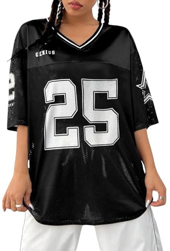 Verdusa Jersey Shirts for Women Y2K Graphic Tees Streetwear Oversized Tshirts V Neck Football Jersey Black and White Large