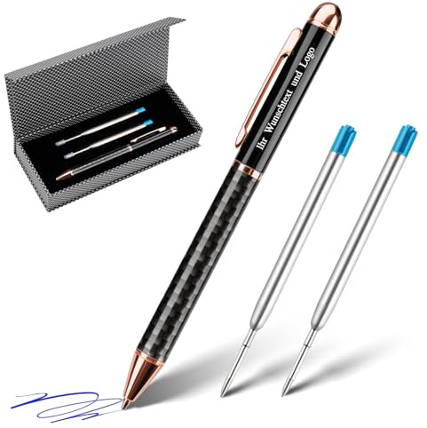 Lindahandel Kugelschreiber mit Gravur Kugelschreiber Personalisiert 0.7 mm Minenstärke, 2 Minen, ölbasierte Tinte in Geschenkbox (Blau) – Personalisierte Geschenke für Frauen, Männer, Lehrer