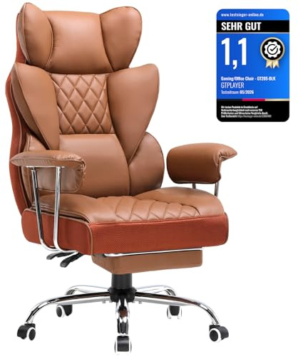 GTPLAYER Gaming Stuhl, Bürostuhl mit Taschenfeder-Lendenwirbelstütze, breiter Büro-Computersessel mit nach außen fixierten weichen Armlehnen und Fußstütze, 180KG, Braun