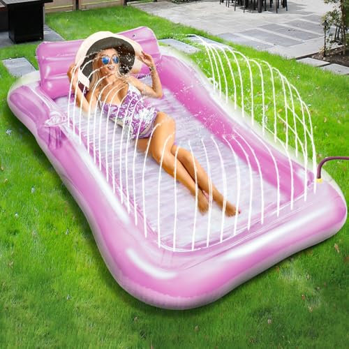 Charmofun Air Mattress Pool Adults, Air Mattress Water Inflatable Swimming Mattress, Tanning Pool Air Mattress with Built-in Sprinkler, Large Swimming Island for Pool Summer Beach (Pink)