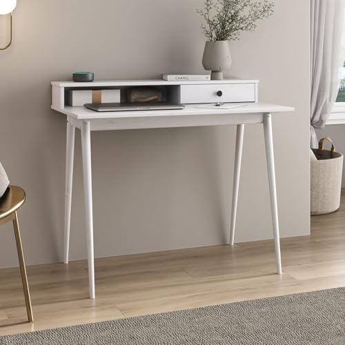 IDIMEX Bureau Malina secrétaire en Bois Massif Blanc avec Rangement étagère et 1 tiroir Design Minimaliste 100 x 75 cm