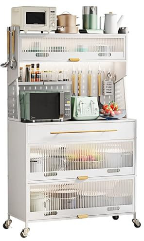 Mikrovågsstativ med förvaring metall kök bagarställ 80 cm mikrovågsugnsskåp med lådor och krokar platsbesparande köksnizare vit finish