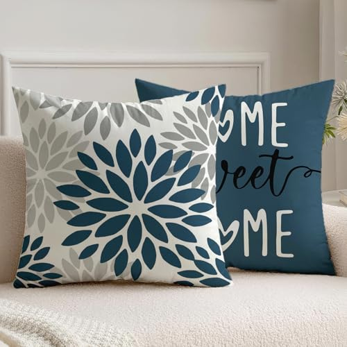 Vorysum Fundas Cojines 45x45 Juego de 2 Dalias Fundas de Cojines Azul Oscuro Terciopelo Funda Cojin Decorativas Verano Modernas para Cama Decoración Sofás Sala de Estar Dormitorio Jardín