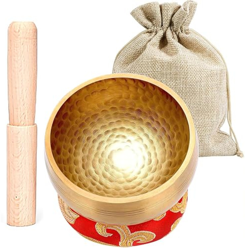 Pyuyan Tibetische Klangschale Klein, 8cm Messing Klangschale, Tibetische Klangschalen Setz, mit Holzstab, Klangschalenkissen und Aufbewahrungstasche aus Stoff, für Meditation, Yoga, Chakra